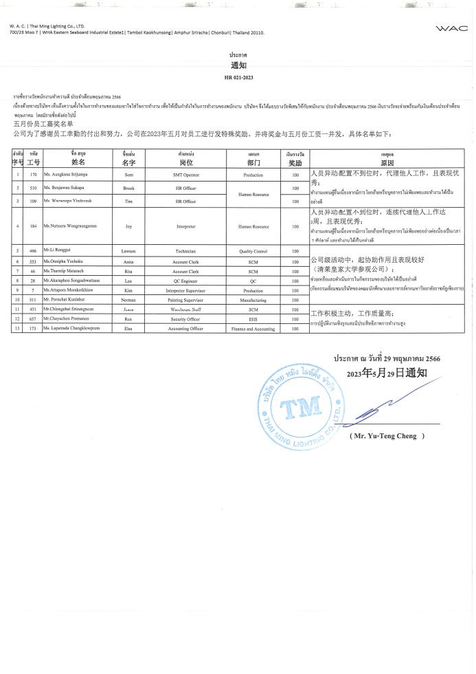 รางวัลพนักงานทำความดีประจำเดือนพฤษภาคม / 5月份员工嘉奖的通知